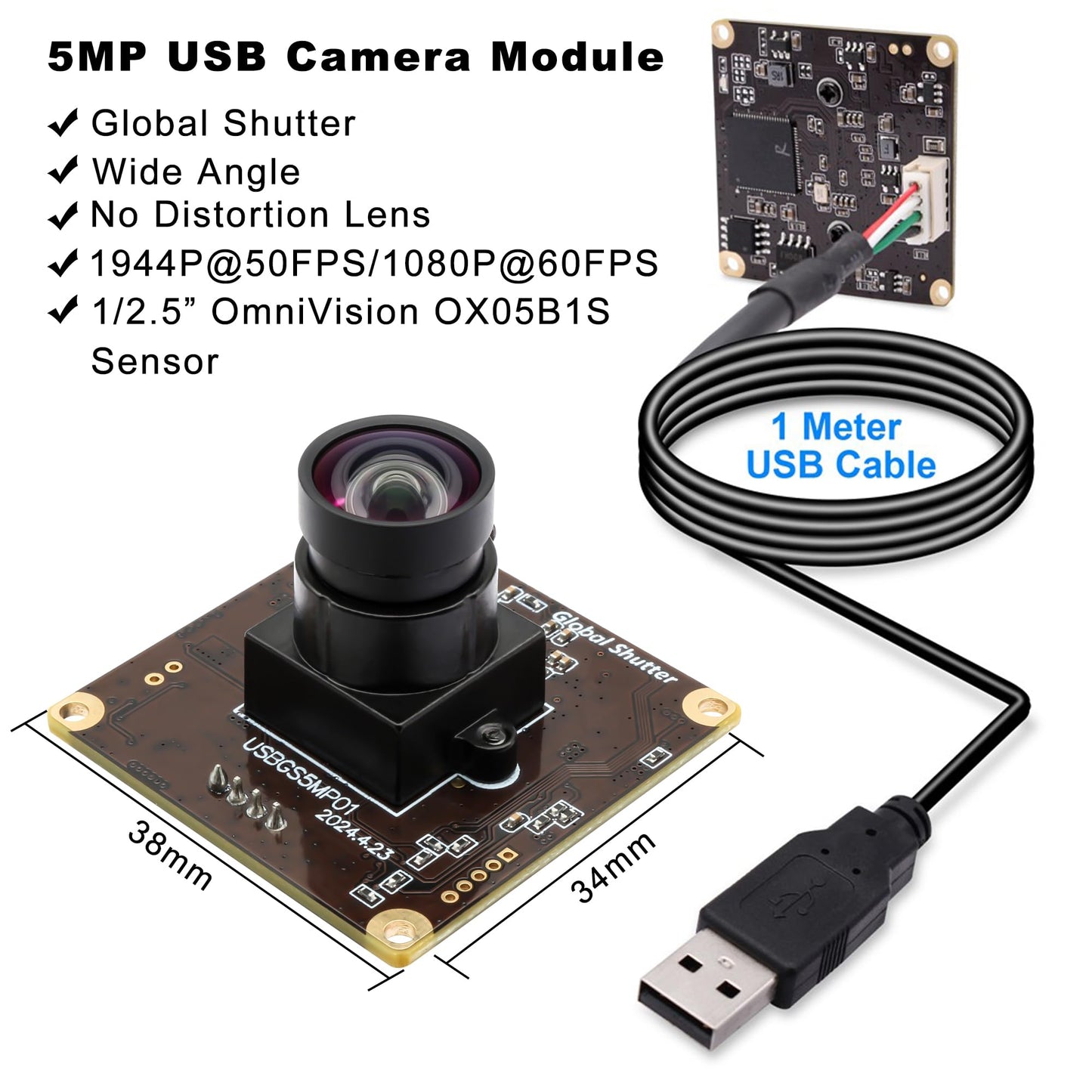 ALPCAM 5MP Global Shutter USB Camera Module High Speed 60fps 1080P PC Webcam with No Distortion Lens Lightburn Camera UVC for Computer Laptop Android and Raspberry Pi