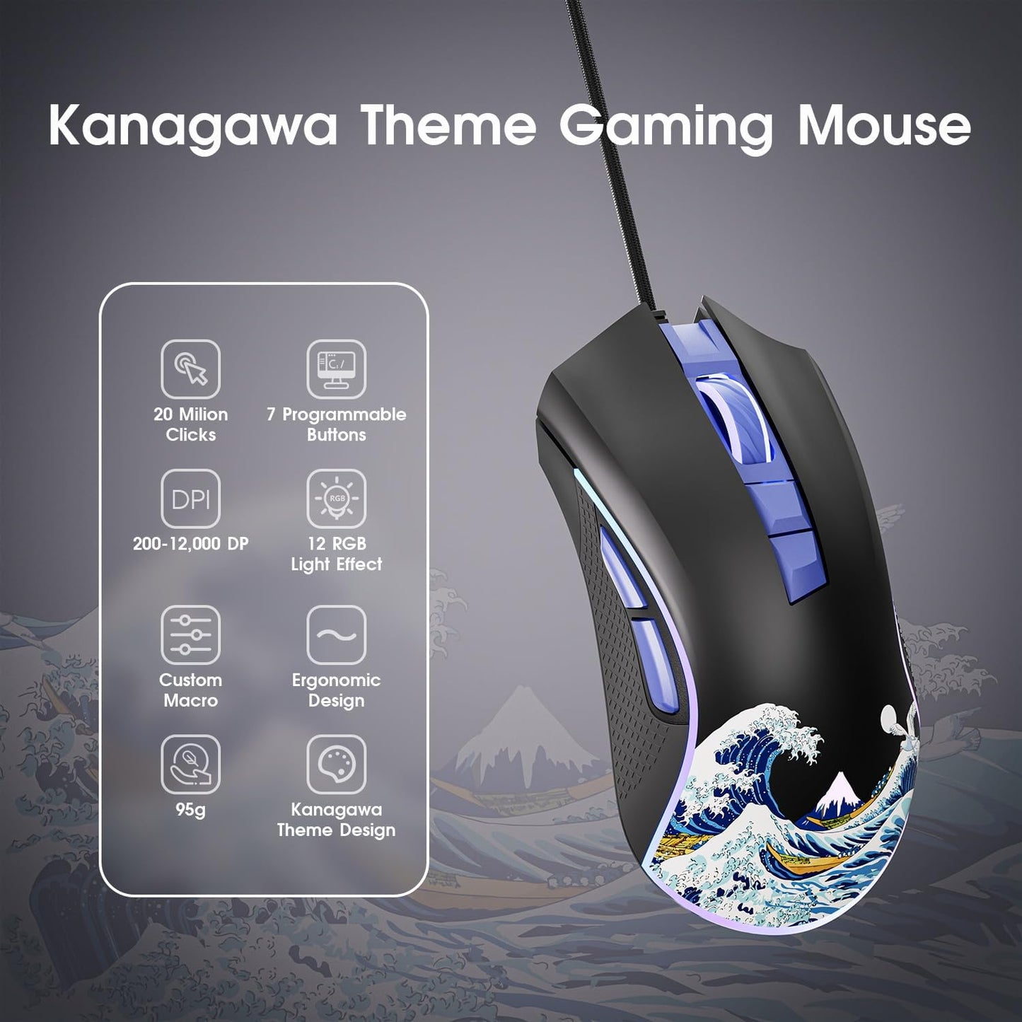 XVX G705 Wired Gaming Mouse, 12000 DPI RGB Gaming Mouse with 12 Backlit Modes & 7 Macro Buttons, PC Gaming Mice Support DIY Keybinding, Mouse Gamer Computer Mouse for Laptop PC Mac Windows,Topographic