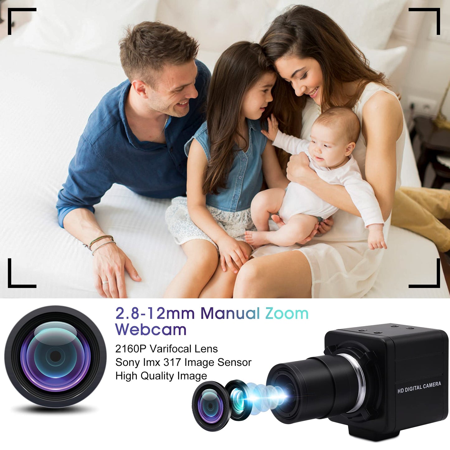 4K USB Camera Manual Zoom Webcam 2.8-12mm Variable Focus PC Camera for Computer Mini UVC USB2.0 Web Camera IMX317 Varifocal USB with Camera Industrial Video Close-up Camera for Laptop Android Mac