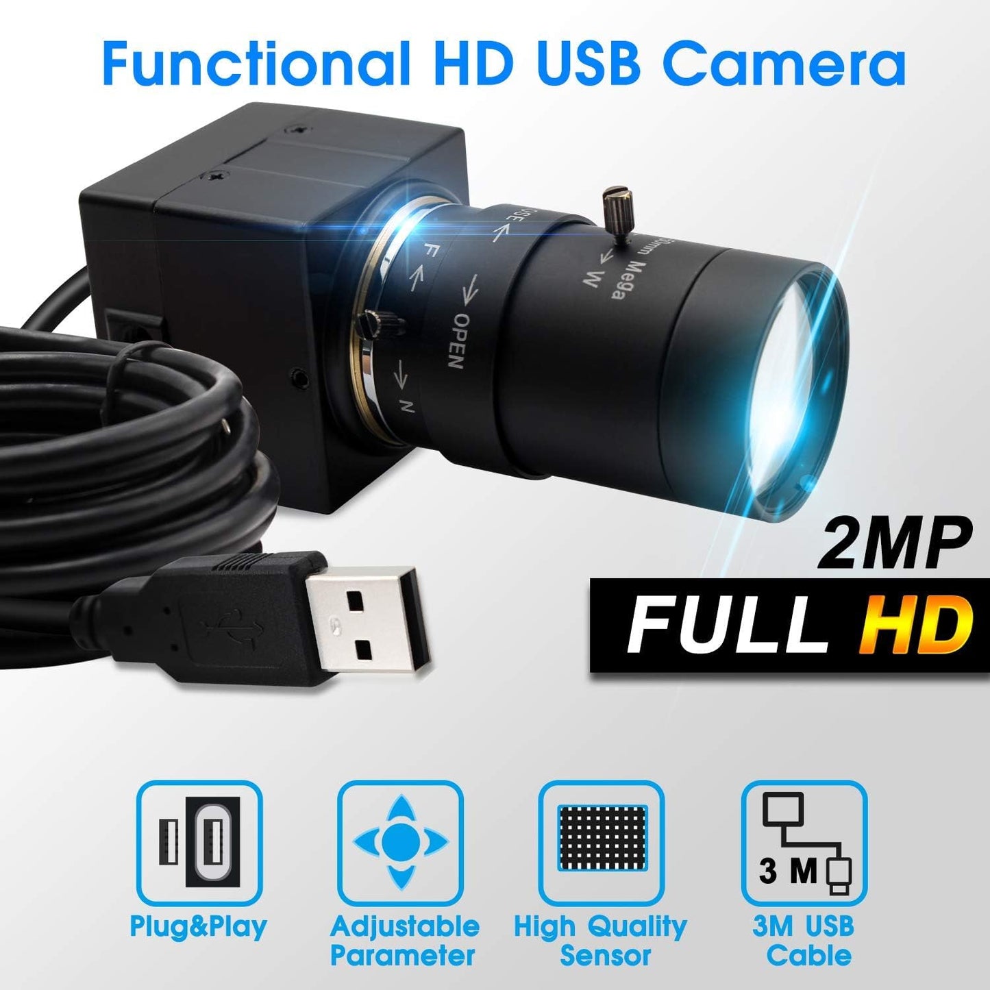 1080P Webcam 5-50mm Varifocal Lens USB Camera HD 2MP 0.01Lux Low Illumination IMX322/IMX323 Sensor Industrial Camera with H.264 Format Plug