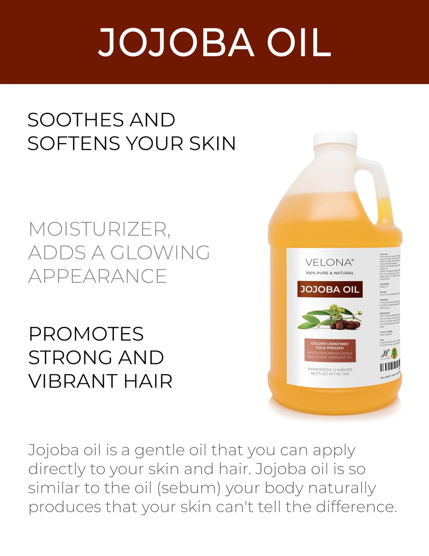 Jojoba Oil - 1 Gallon / 128 Fl Oz | 100% Pure and Natural | Golden, Unrefined, Cold Pressed, Hexane Free | Moisturizing Face, Hair, Body, Skin Care, Stretch Marks, Cuticles