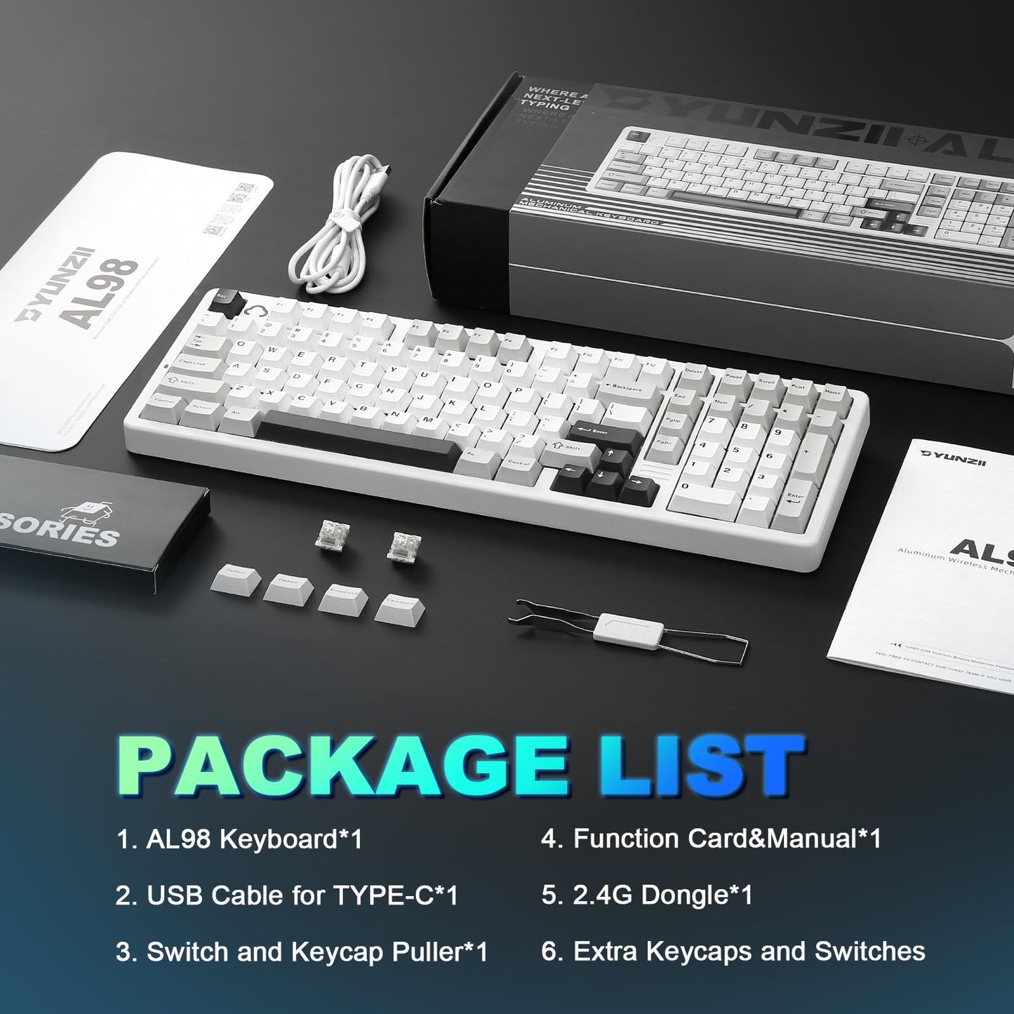 YUNZII AL98 QMK/VIA Wireless Mechanical Gaming Keyboard,Full Aluminum,BT/2.4G/USB-C, Pre-Lubed Hot Swappable Gasket Mount 1800 Layout,RGB Backlit for Win/Mac (White, Milk Switch)