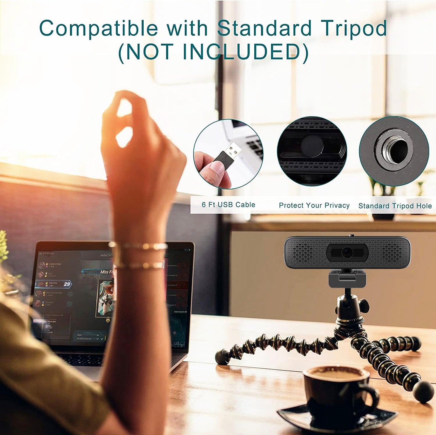 2K HD Webcam with 2 Speakers & Built-in Microphone for Computer Laptop,90 Degree View Angle Desktop USB Stream Camera with Privacy Cover for Conferencing Video Call/Network Teaching/YouTube/Skype