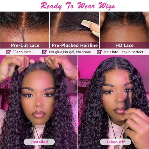 Yuzhou Grace 5x5 HD Lace Glueless Closure Wigs Human Hair Pre Plucked Pre Cut with Elastic Band Deep Wave Curly Wig 250 Density Ready To Wear Wet and Wavy Wig with Baby Hair Natural Hairline