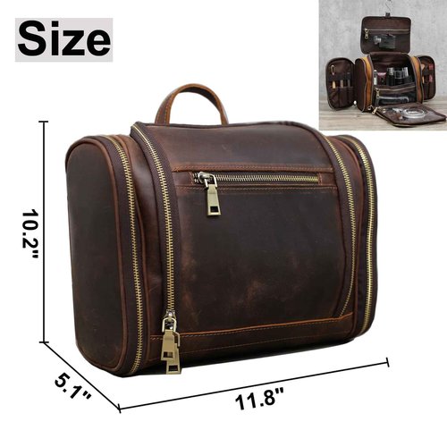 EURYNOME Toiletry Bag For Men, Genuine Leather Toiletries Organizer, Travel Hanging Toiletry Bag Large Water-resistant Bathroom Shaving Kit for Cosmetics, Makeup Case Travel Dopp Kit