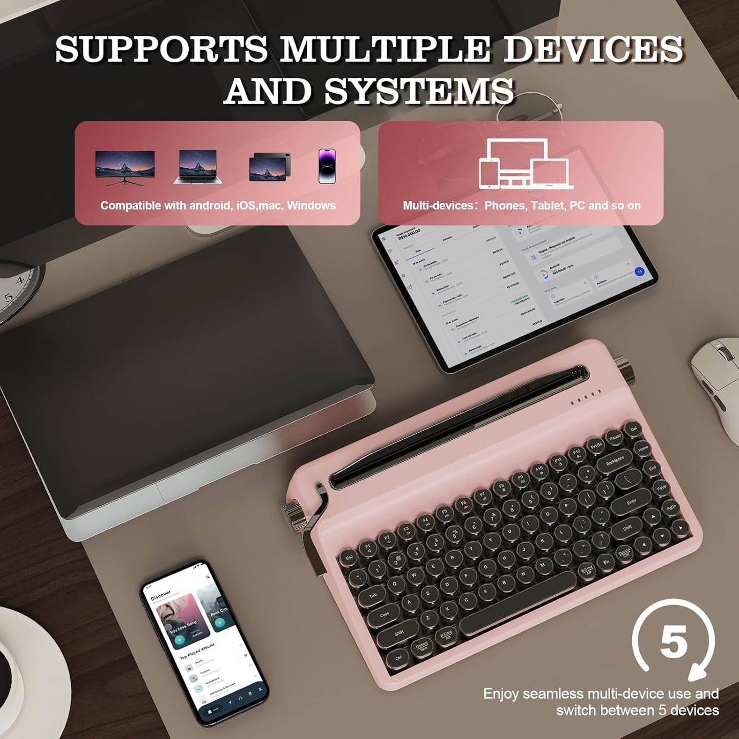 YUNZII QL75 Wireless Typewriter Hot Swap Retro Mechanical Keyboard,Punk Round Keycaps,RGB Backlit QMK/VIA Programmable, Multi-Device Keyboard with 2.4GHz/Type-C/BT5.0 (Wood, Cocoa Cream V2 Switch)