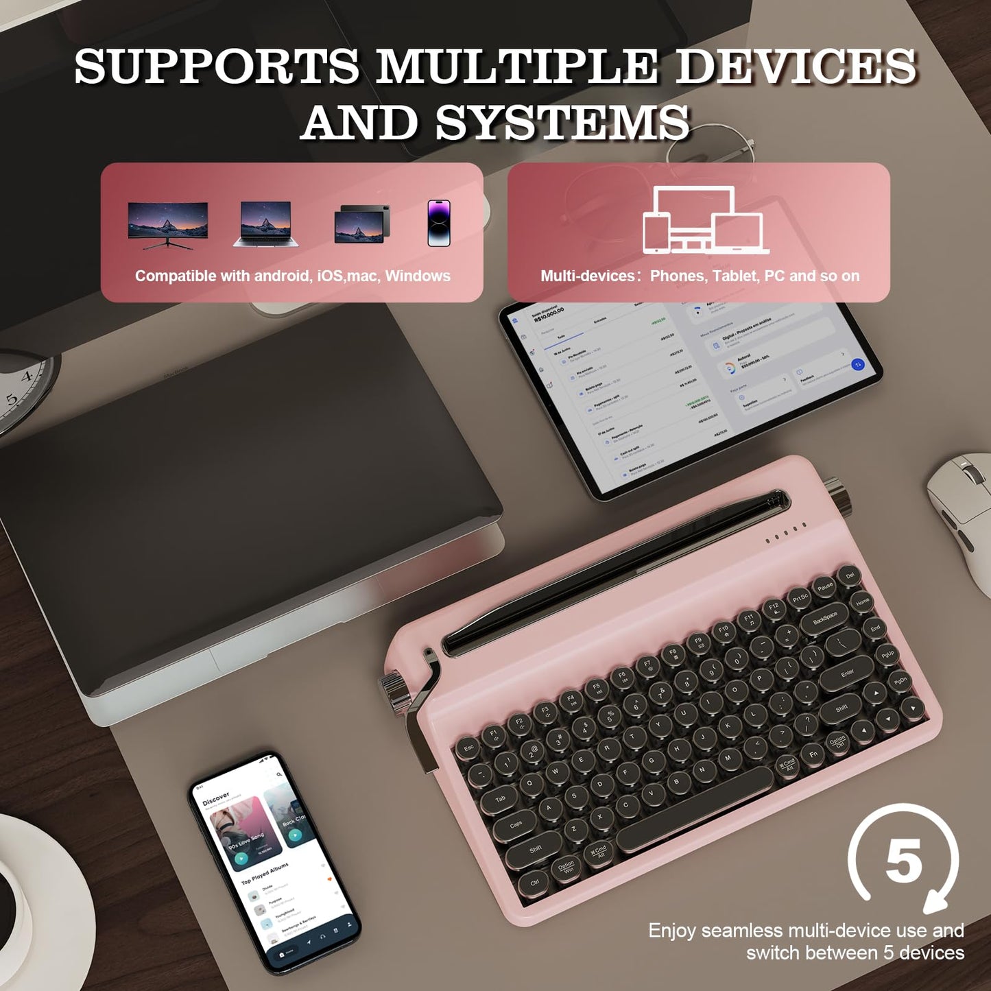 YUNZII QL75 Wireless Typewriter Hot Swap Retro Mechanical Keyboard,Punk Round Keycaps,RGB Backlit QMK/VIA Programmable,Multi-Device Keyboard with 2.4GHz/Type-C/BT5.0 (Pink, Cocoa Cream V2 Switch)