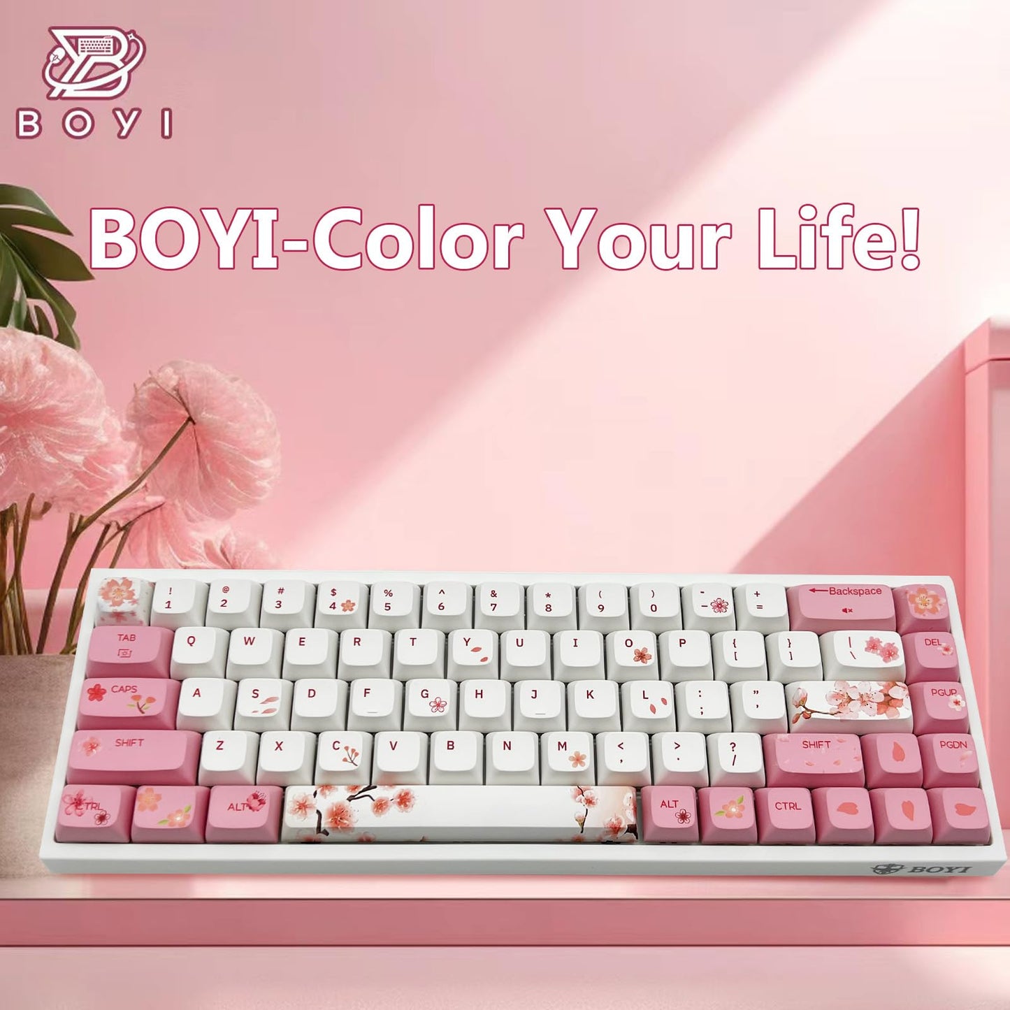 ZMX X BOYI Cherry Blossom Pink Gaming Keyboard,65% Compact 68 Keys Mini Hot Swap Tri-Mode BT/2,4G/Type-C Wireless Mechanical Keyboard with Dye-Sub PBT XDA Keycaps (Yellow Switch)