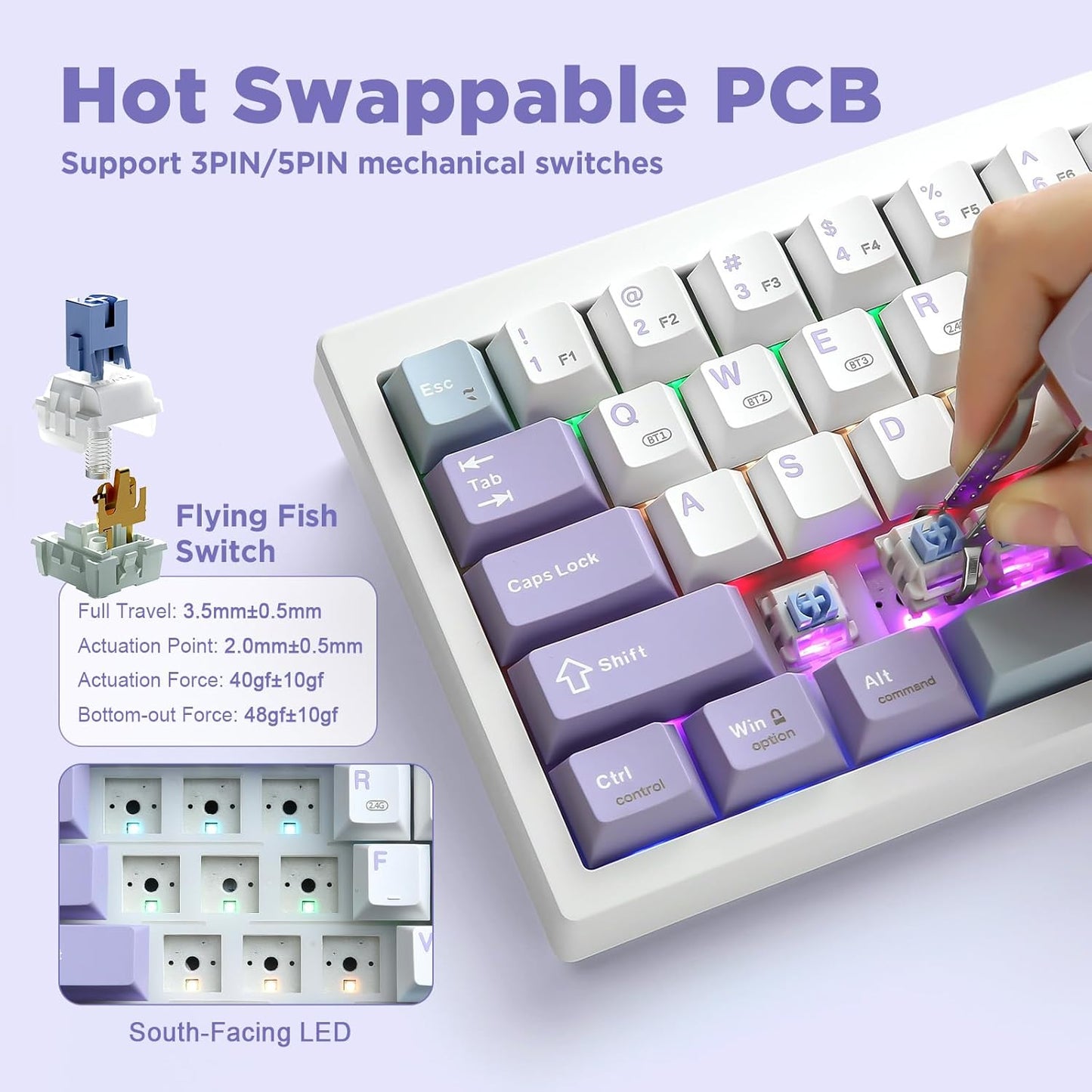 AJAZZ AK650 Mechanical Gaming Keyboard with Smart Display & Knob,65% Wireless Mechanical Keyboard BT/2.4G/USB-C, Hot Swappable, Creamy Sounding with RGB Light (Purple,Flying Fish Switch)