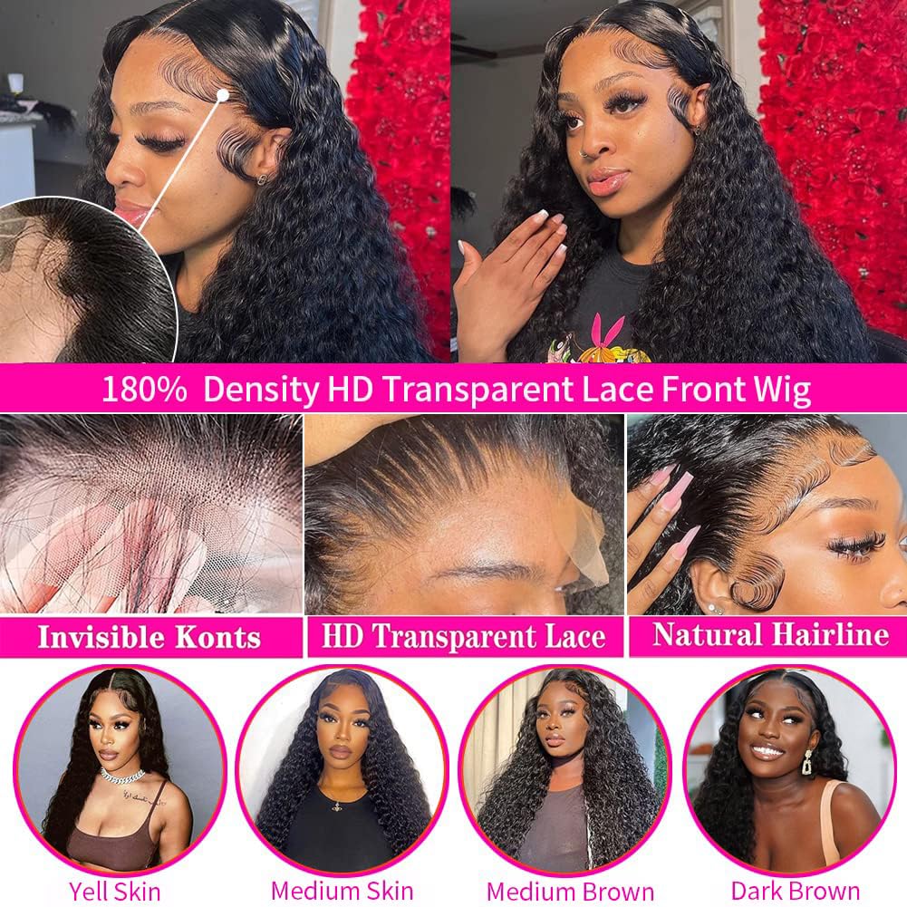 Hswpawk Lace Front Wigs Human Hair Pre Plucked 180% Density 13x6 Deep Wave Wigs Human Hair Glueless Wigs for Women Curly Wigs HD Transparent Lace Frontal Wigs Natural Color 22 Inch