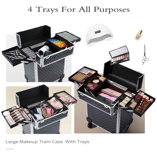 Mecucasi Rolling Makeup Train Case Large Cosmetic Trolley Organized Aluminum Barber Case for Hairstylist Makeup Nail Tech Salon with Keys Swivel Wheels Traveling Cart Trunk - Black