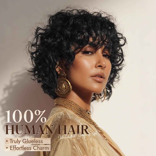RUWISS Short Curly Human Hair Wig Kinky Curly Wigs for Black Women - Wear and Go Glueless Wigs Human Hair Bob Wig with bangs, FH-1535 Natural Black