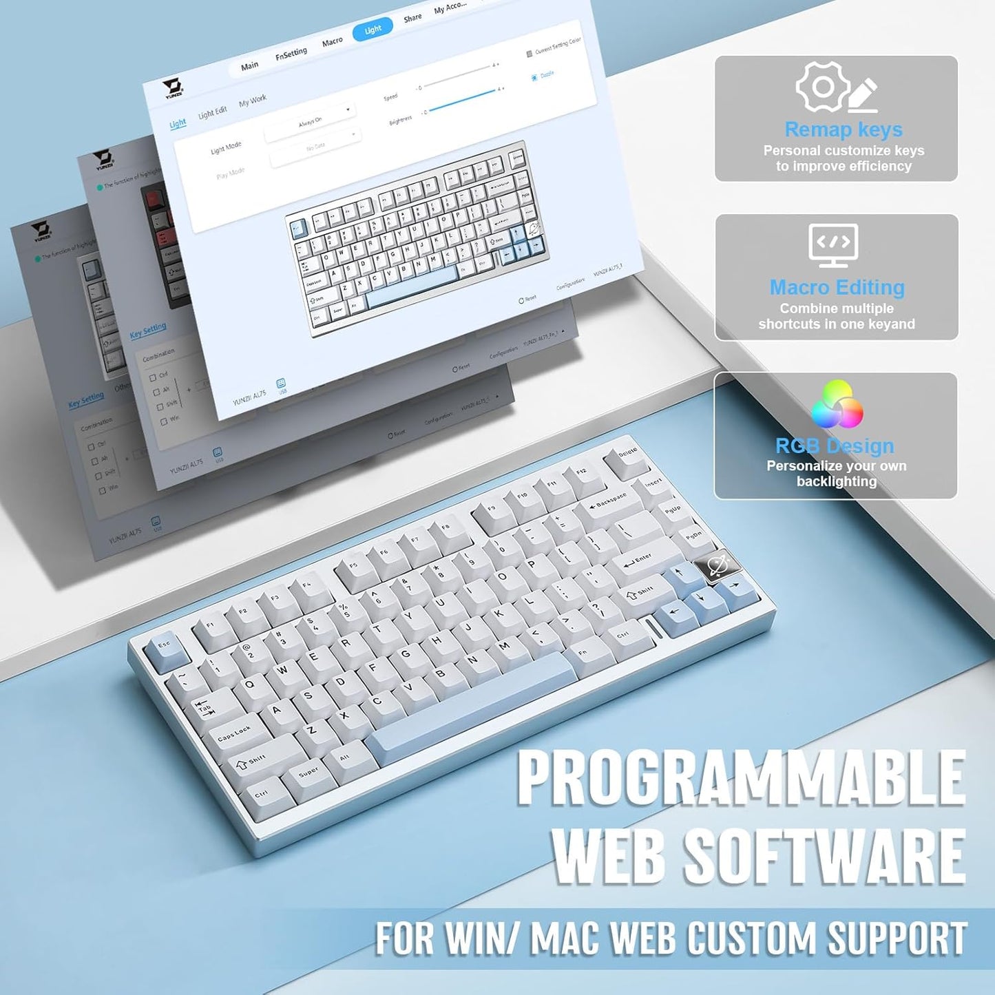YUNZII AL75 PRO 75% Wireless Mechanical Gaming Keyboard,Full Aluminum CNC,BT/2.4G/Wired,PBT Keycaps,Gasket Mounted Hot Swap,Custom RGB Backlight, Programmable for Mac/Win (Silver, Blue Grey)