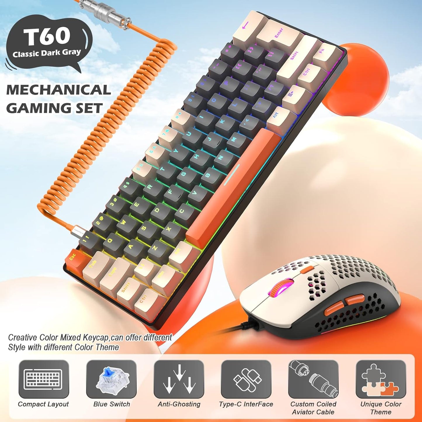 ZIYOU LANG RK-T60 Wired Mechanical Gaming Keyboard and Mouse Combo Portable with Rainbow Backlit 62Key NKRO 6400DPI RGB Honeycomb Mice Coiled Aviator Cable for PS4/PC/WIN Gamer(Light Gray/Red Switch)