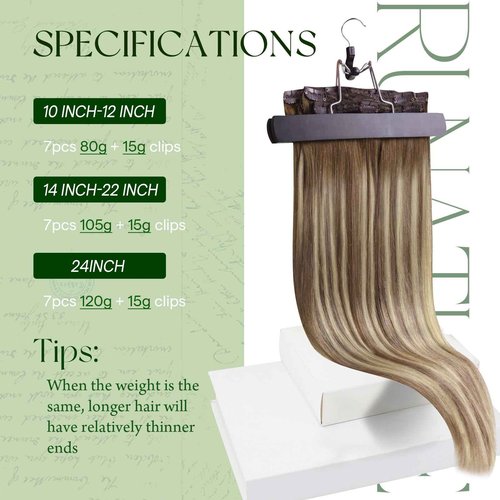 RUNATURE Clip in Hair Extensions Real Human Hair Balayage Hair Extensions Clip Ins, Double Weft Remy Straight Hair, 18 Inch 120g 7pcs #3/8/22 Walnut Brown to Light Brown Highlight Light Blonde
