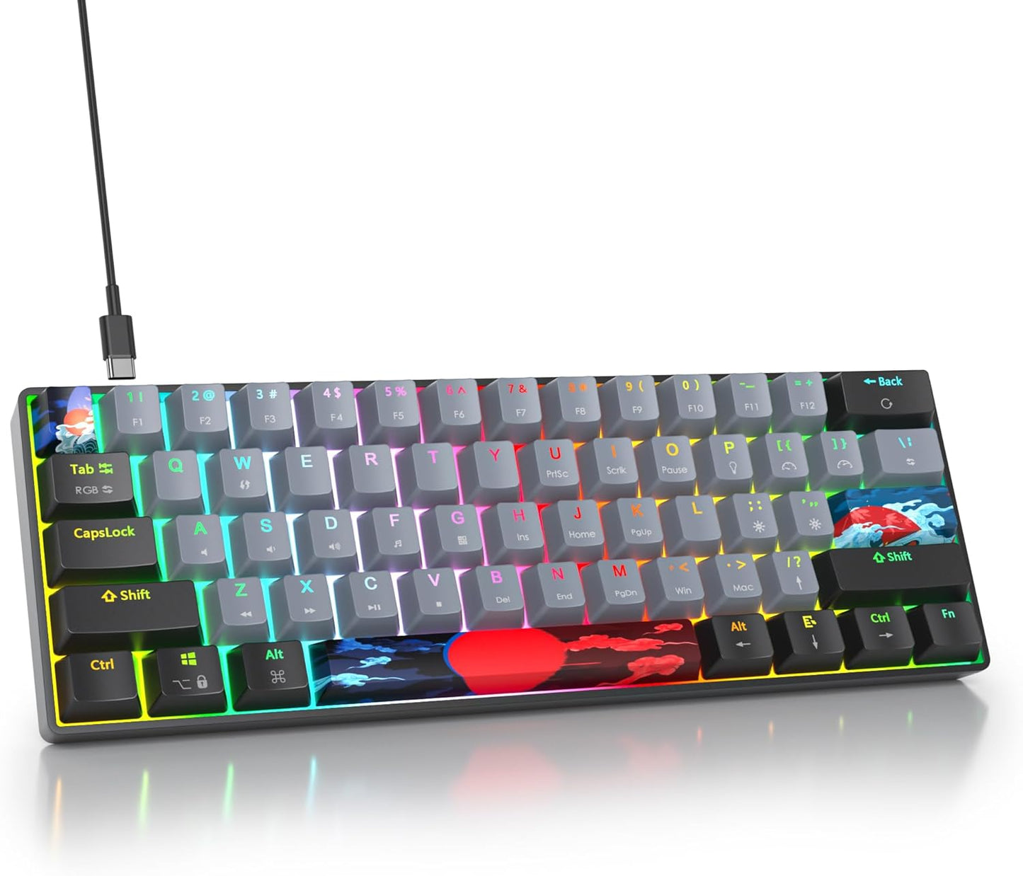 60 Percent Keyboard Mechanical RGB Backlit Wired 60% Gaming Keyboard Blue with PBT Keycaps for Windows PC Gamers (Sea/Red Switch)