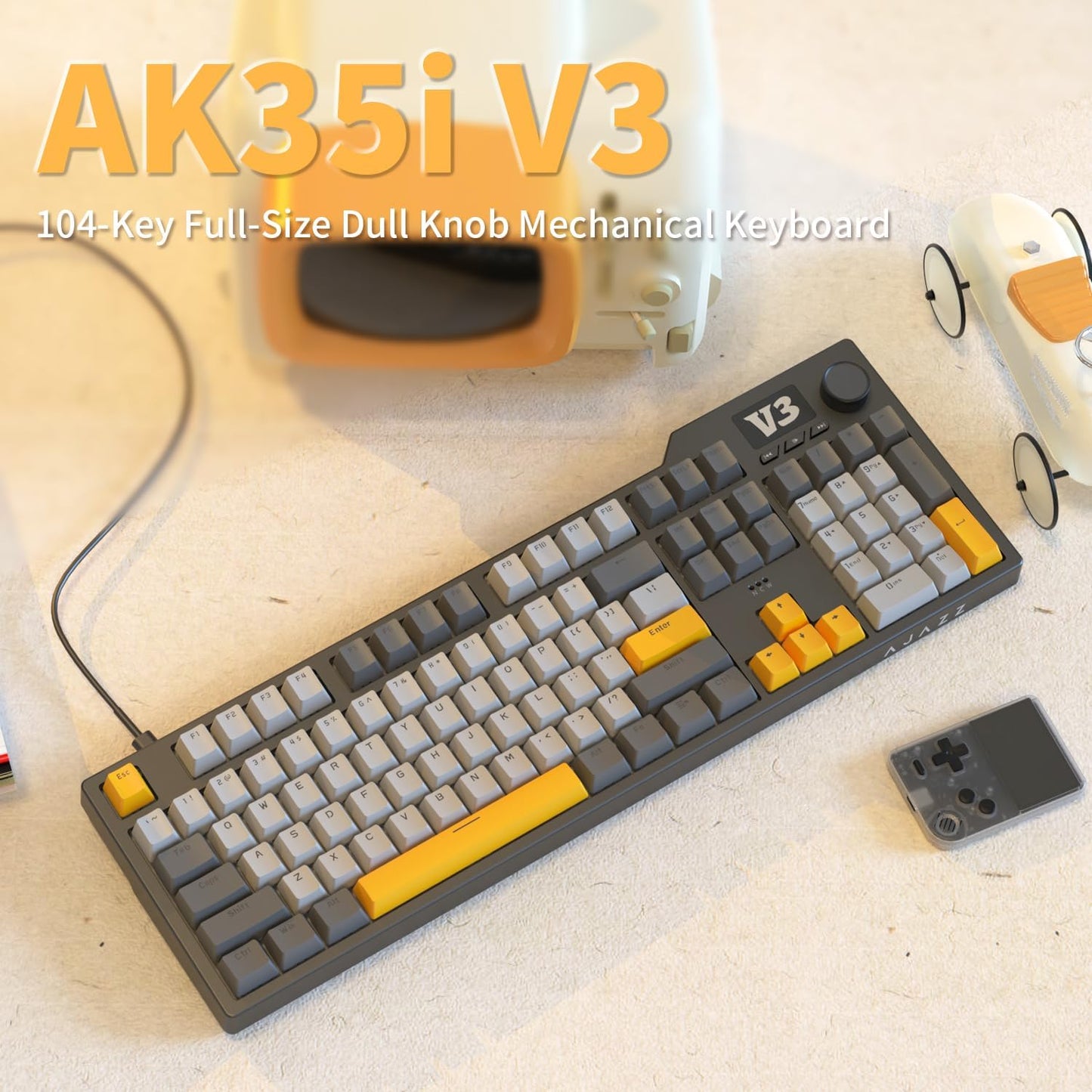 AJAZZ AK35I V3 104-Key Full Size Wired Gasket Mount Gaming Keyboard with Multimedia Buttons & Knob Control | Five Layer Pad | OEM Profile PBT Keycaps | White Backlit Custom Keyboard