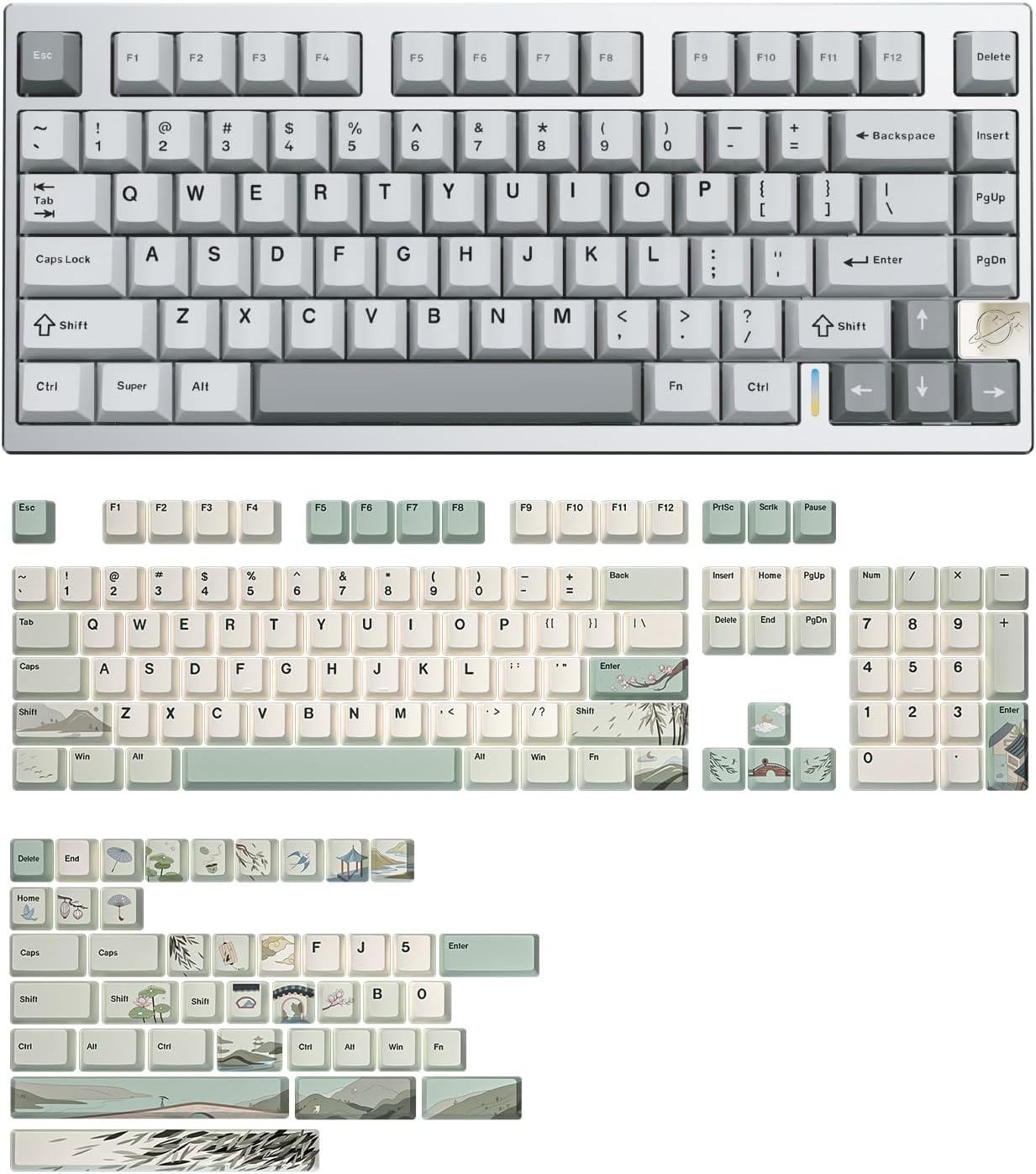 YUNZII AL75 75% Gaming Keyboard(Blue Grey Switch,Silver),Spring Tea Keycap Cherry(Cherry Profile, Spring Tea)