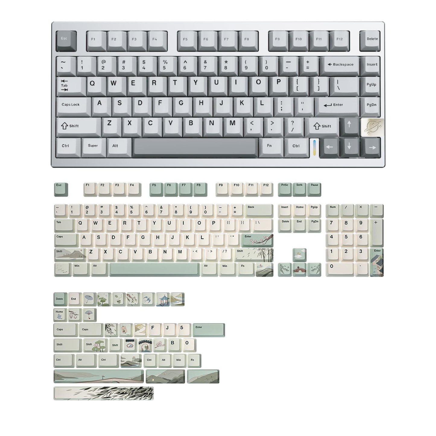 YUNZII AL75 75% Gaming Keyboard(Blue Grey Switch,Silver),Spring Tea Keycap Cherry(Cherry Profile, Spring Tea)
