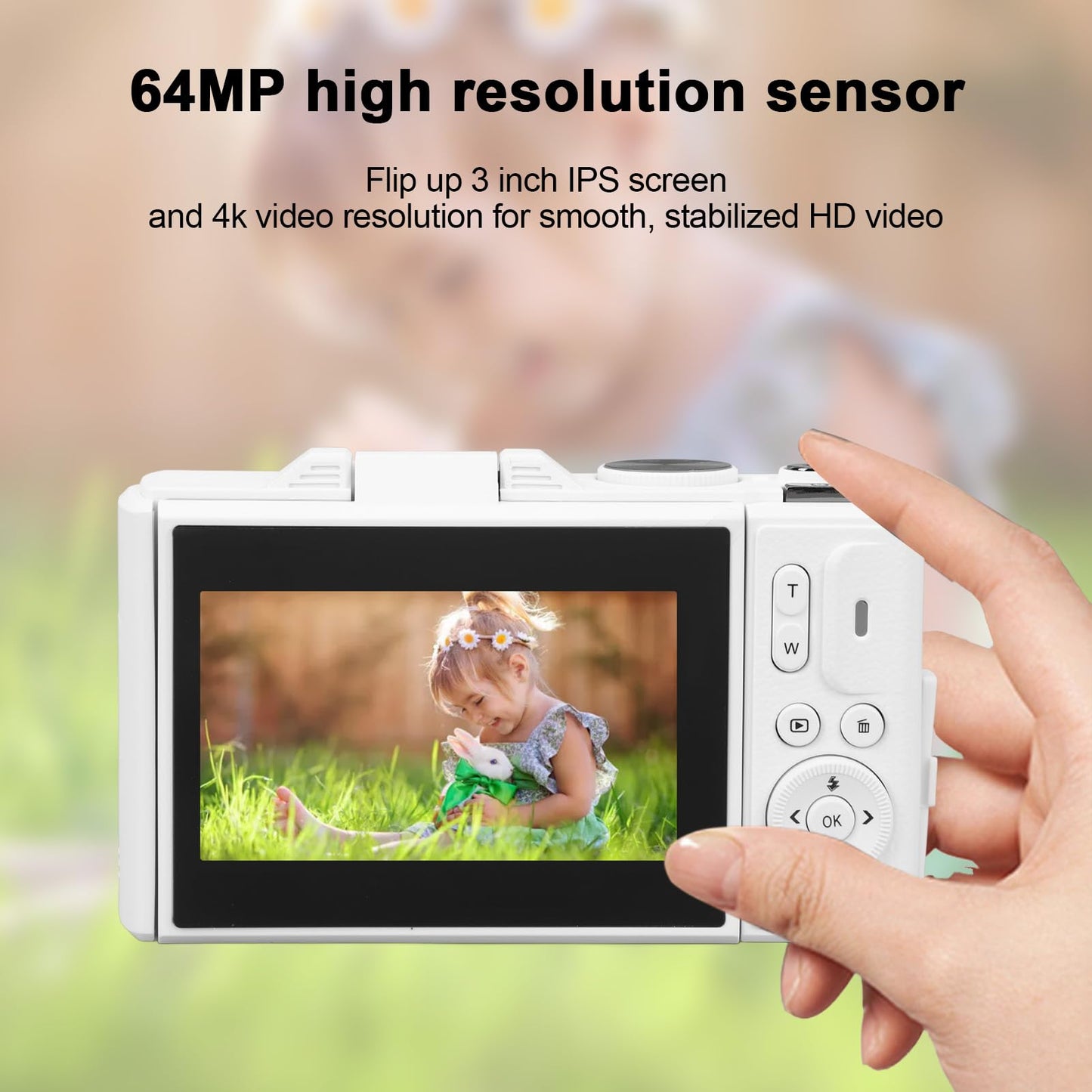 64MP 4K Digital Camera with 18X Zoom and 3 Inch Flip Screen, Auto Focus Compact Digital Camera for Photography and Video, Perfect for Travel Vlogging and Filming