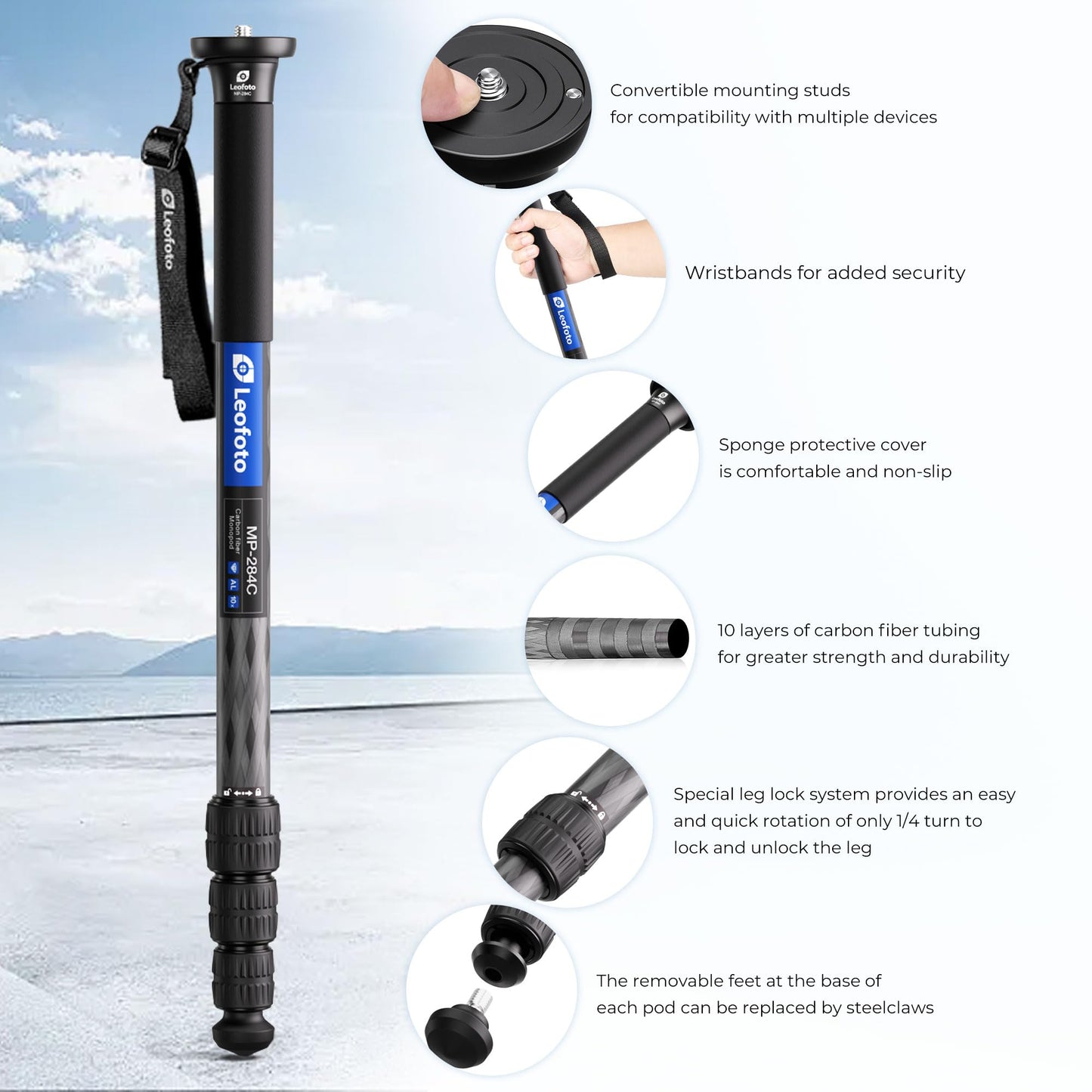 65" Lightweight Travel Carbon Fiber Monopod, 4 Section Professional Video Monopod with Wrist Strap for DSLR Mirrorless Camera, Max Load 18kg/39.68lb