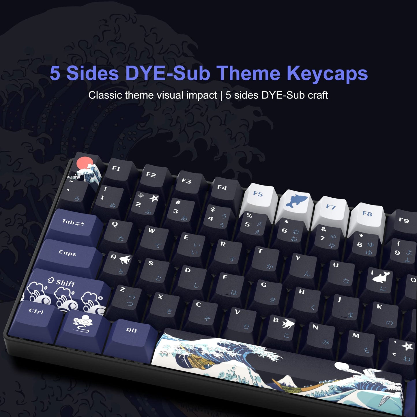 XVX PBT Keycaps - 132 Keys, Great Wave Off Kanagawa Japanese Keyboard Set, 5 Side Dye-Sub Custom Keycaps, Cherry Profile for Cherry/Gateron MX Switches
