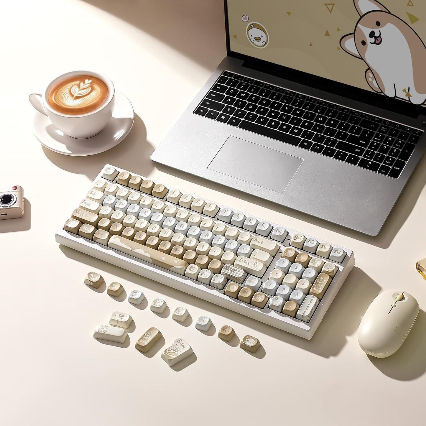YUNZII 132 Keys MOA Keycaps, Dye-Sublimation PBT Custom Keycap Set for MOA Profile, Cute Bear Customized Pattern Keycaps for MX Switches Mechanical Gaming Keyboard (Butter)