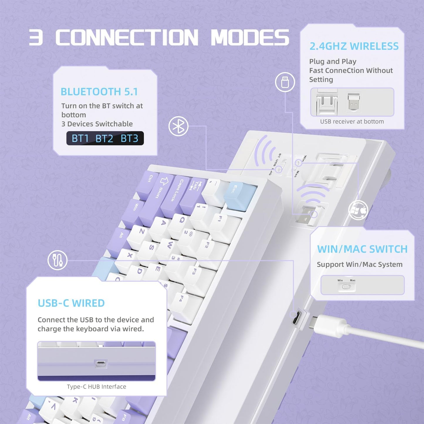 Attack Shark ajazz AK820 Wired Mechanical Gaming Keyboard with Volume Knob Hot Swappable 75% Gasket Keyboard 5-Layer Noise Absorbing Foam PBT Keycap Ice Blue Backlit Blue Switch for PC/Win/Mac-White