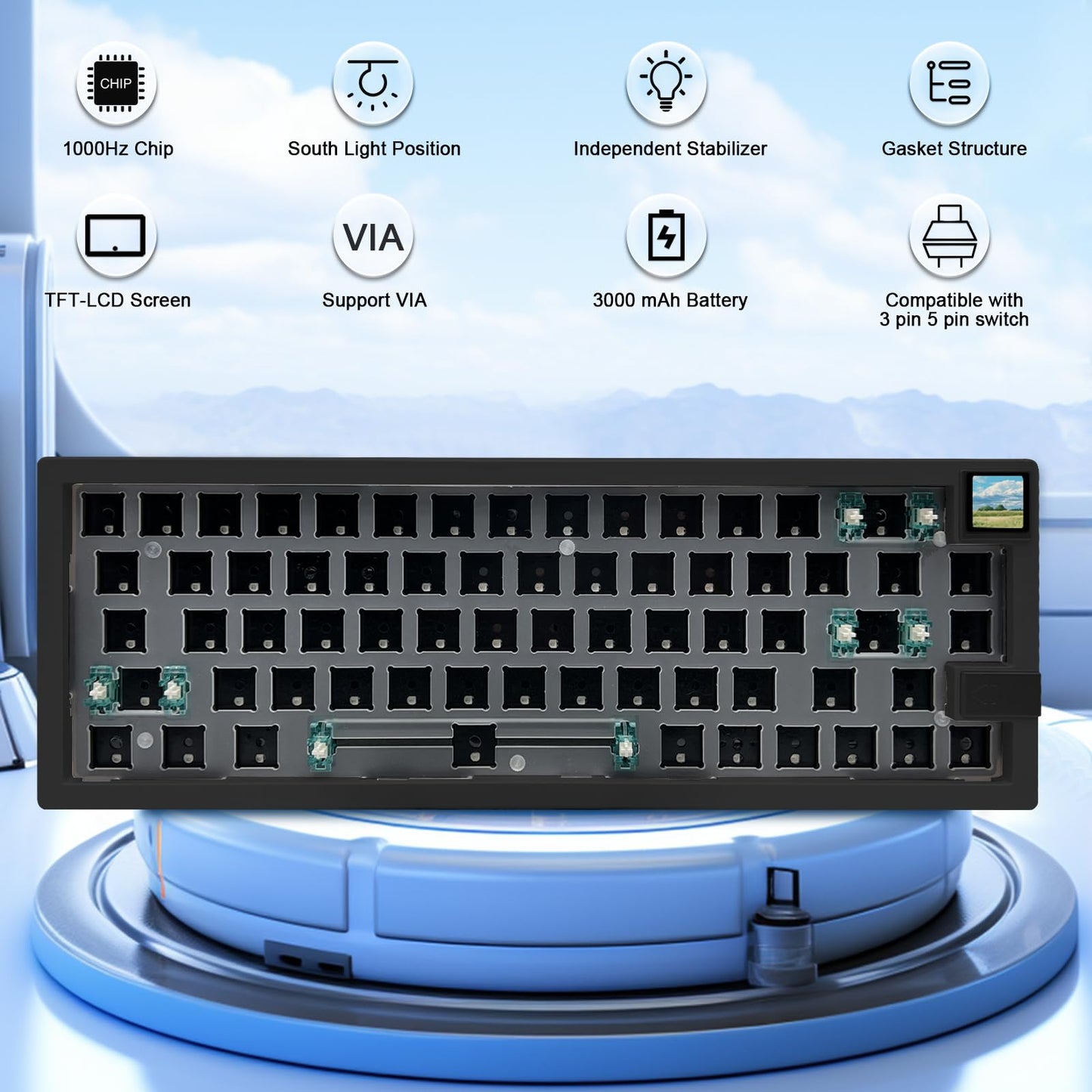 ZMX GMK67S Keyboard Barebones Kit,65% Gasket Mount Hot Swap PCB Tri-Mode BT5.0/2.4G/Type-C Wireless Mechanical Keyboard with TFT-LCD Screen VIA Programmable Custom RGB Gaming Keybaord DIY Kit (Black)