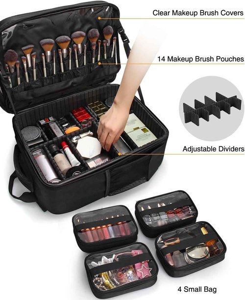 TANTO Makeup Backpack Makeup Artist Bag Professional Extra Large Cosmetic Bags Travel Train Case Storage Organizer Double-Layer Cosmetic Case with 4 Pouch and Brush Organizer (Black, two piece)