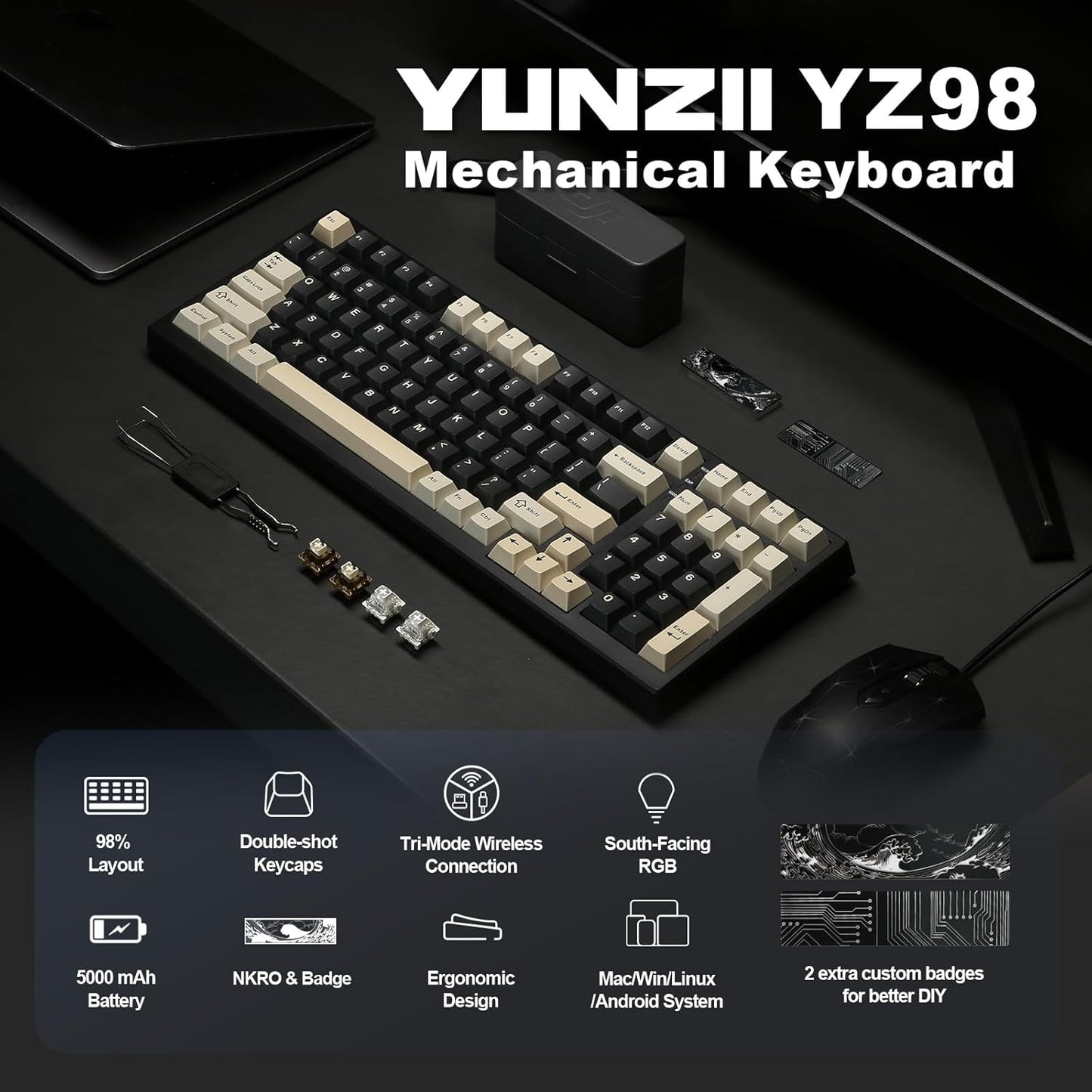 YUNZII YZ98 Gasket Mechanical Keyboard,99 Key Hot Swappable BT5.0/2.4G/USB-C Wireless NKRO 98% 1800 Layout with RGB LED Backlit for Linux/Win/Mac(Milk Switch, White)
