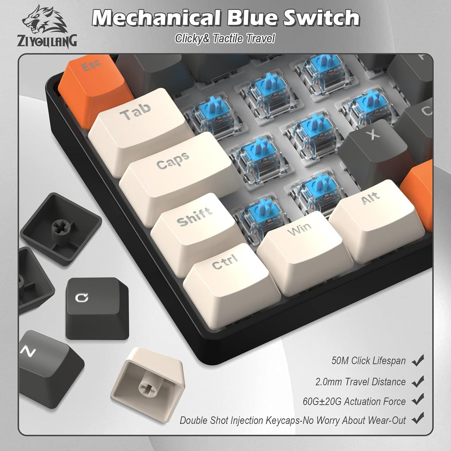 ZIYOU LANG RK-T60 Wired Mechanical Gaming Keyboard and Mouse Combo Portable with Rainbow Backlit 62Key NKRO 6400DPI RGB Honeycomb Mice Coiled Aviator Cable for PS4/PC/WIN Gamer(Light Gray/Red Switch)