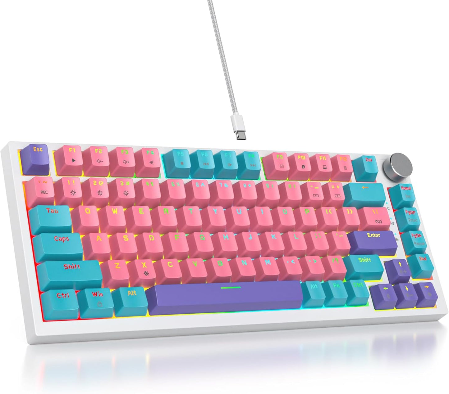 75 Percent Keyboard Gasket-Mounted with Sound Absorbing Pads, 82-Key Compact Wired RGB Mechanical Gaming Keyboard Hot-Swap Socket for Win, White Earth