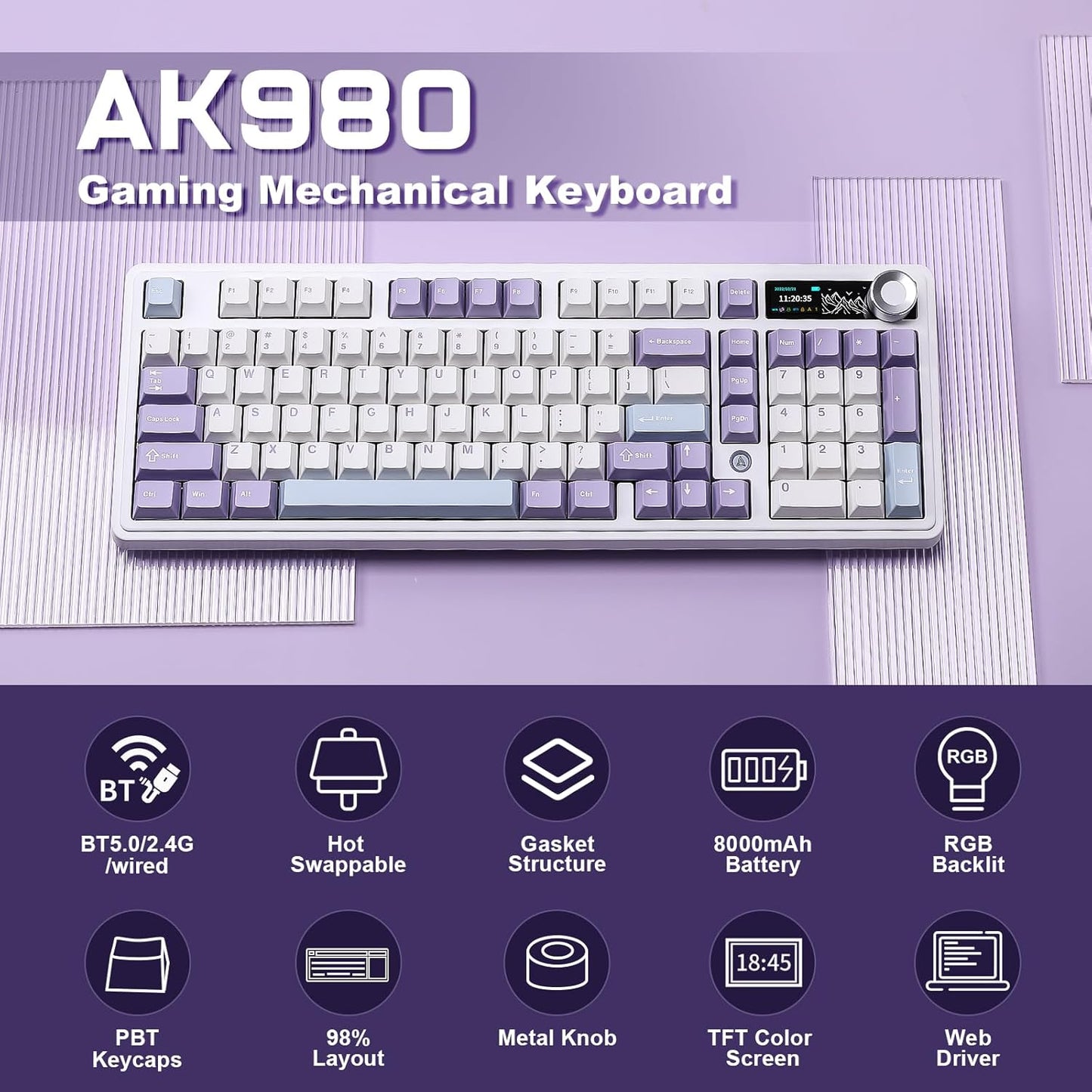 AJAZZ AK980 Mechanical Keyboard with Smart Display & Knob, PBT Keycaps-MOA Highly Rounded Heat Sublimation