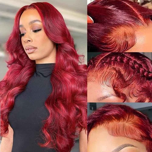99J Burgundy Wine Red Color Body Wave 13x4 HD Lace Front Glueless Wigs Human Hair Pre Plucked Bleached Knots with Baby Hair Wigs Brazilian Human Hair Natural Hairline Wigs for Women(24Inch)