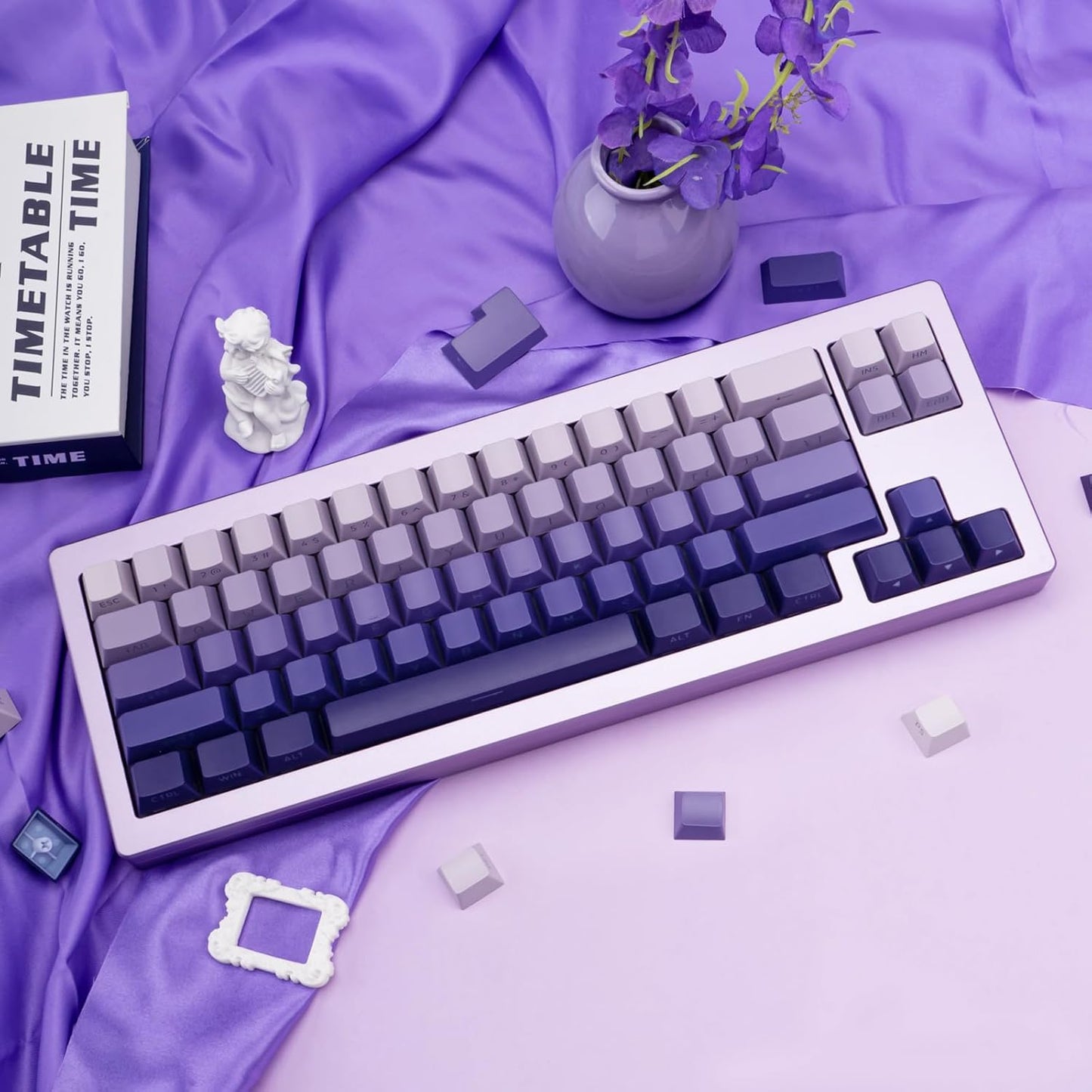 136 Keys Cherry Profile Shine Through PBT Keycaps Set, Pink Gradient Keycap Side Print, Double Shot PBT Key caps Cute, Backlit Custom White Keycaps for ANSI/ISO Layout Mechanical Keyboard