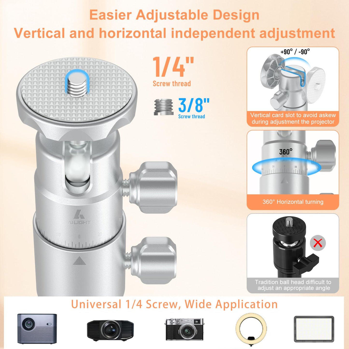 ailight 2-in-1 Projector Stand from 12.6" to 53.1", Floor and Table Projector Mount with ±90° Tilt & 360° Rotate Height Adjustable Desk Tripod Stand Compatible with Camera, Microphone, Webcam, Lights