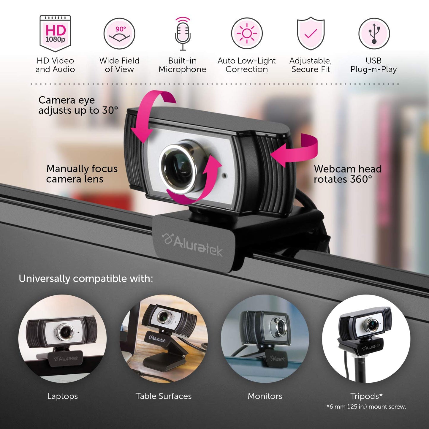 Aluratek HD 1080P Video Webcam (AWC04F) Full HD Webcam with Built-in Microphone, Autofocus, and Adjustable Clip Perfect for Streaming, Video Calls, and Online Meetings Video and Audio