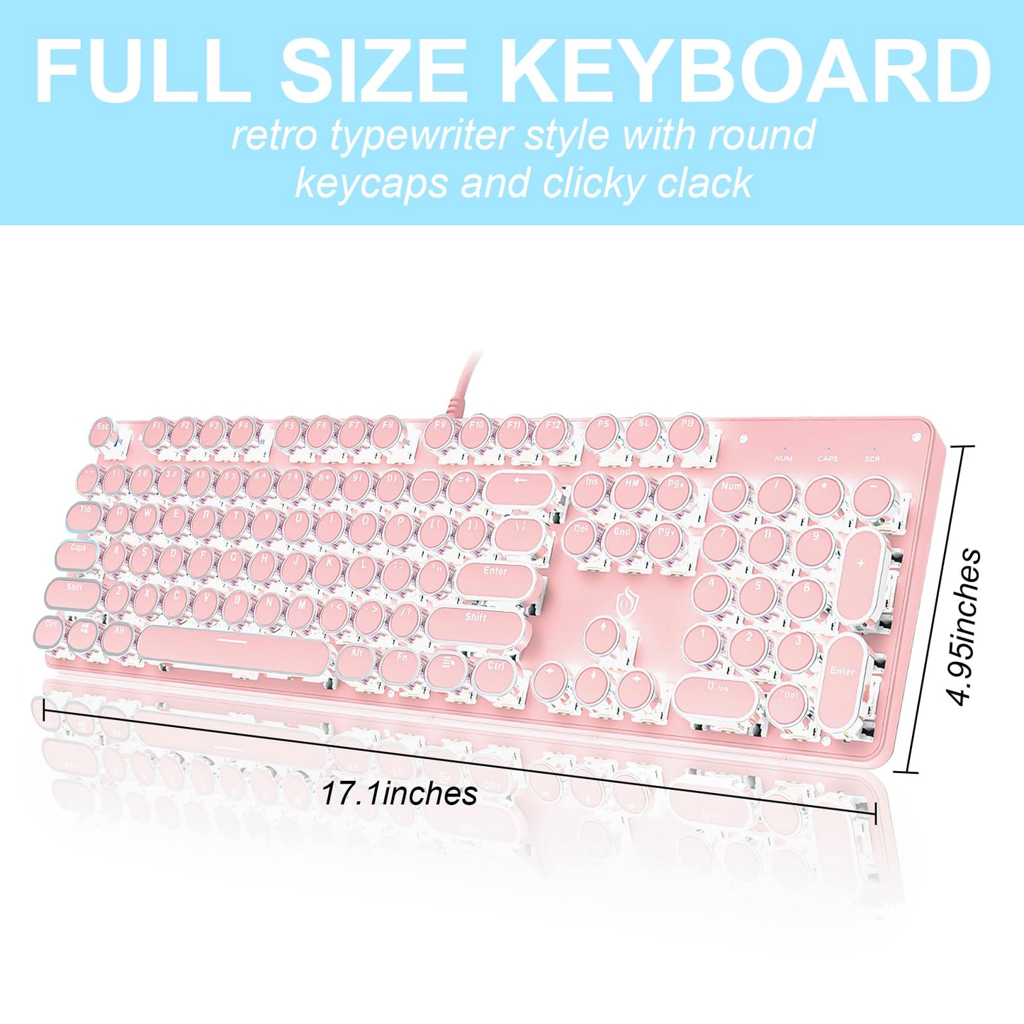 YSCP Typewriter Style Mechanical Gaming Keyboard LED Backlit Wired with Blue Switch Retro Round Keycap 104 Keys Keyboard (Pink 104Keys LED)