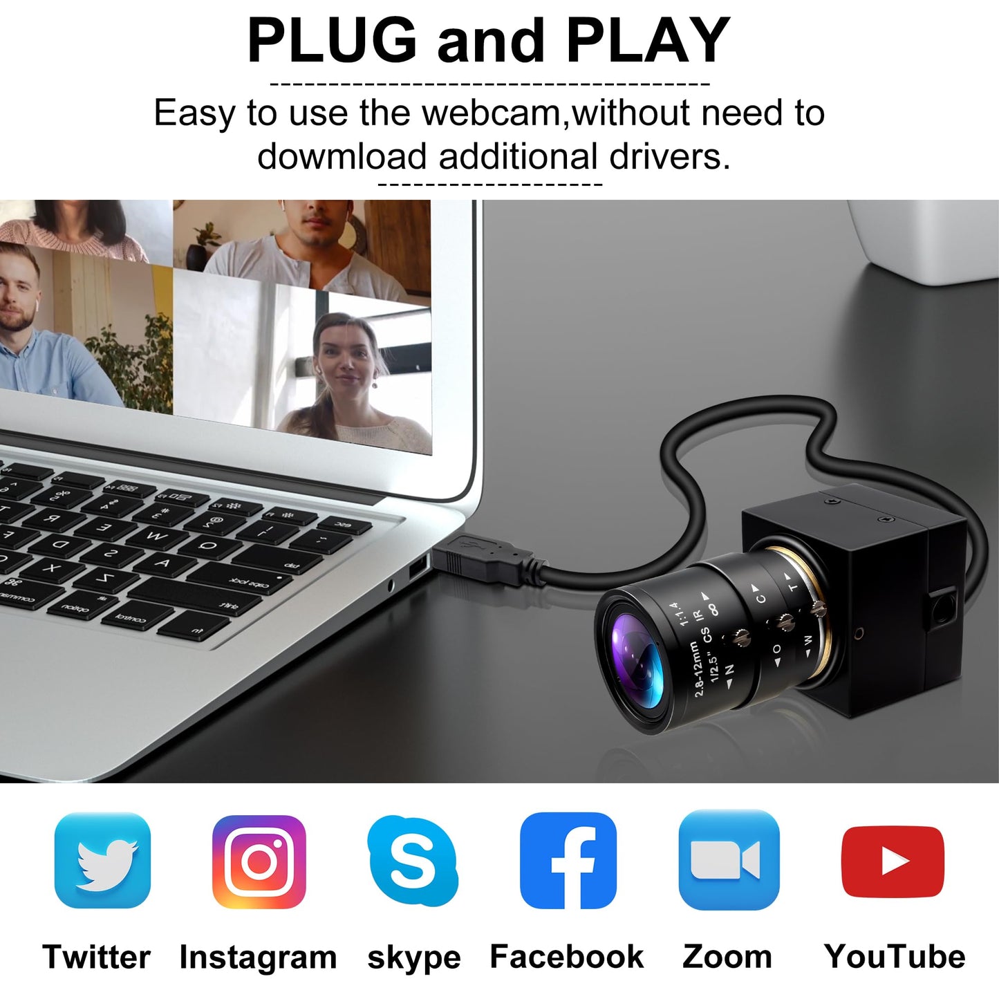 ALPCAM 1080P USB Camera with 2.8-12mm Varifocal Lens, 0.01Lux Low Light Webcam H.264 IMX323 Computer Camera for Video Conference, Plug & Play for Windows/Linux/Mac