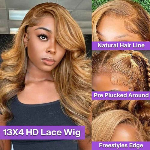 Hihmarm 16 Inch Highlight Bob Wig Human Hair 13x4 Body Wave HD Lace Front Wigs Human Hair Pre Plucked 180% Density Glueless Ombre Lace Front Wig Human Hair Bob Wigs for Black Women Natural Hairline