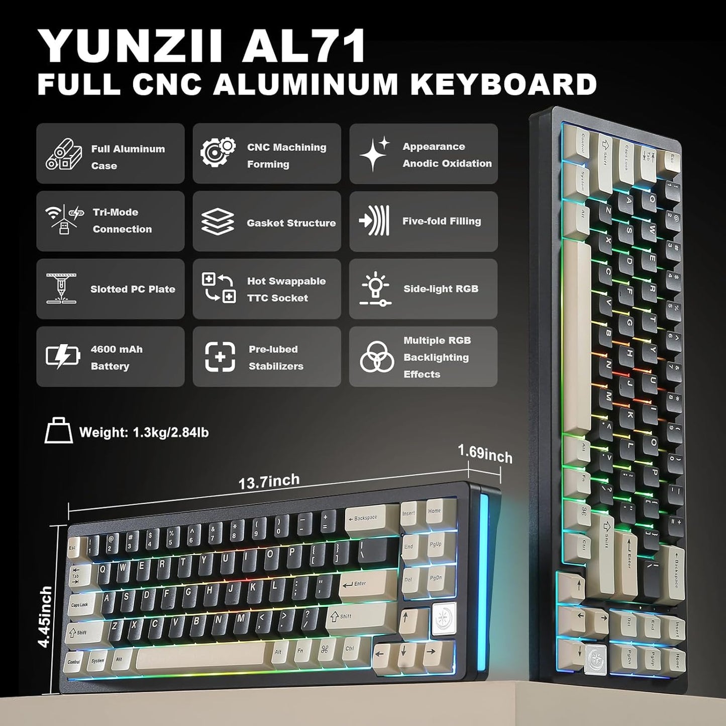 YUNZII AL71 75% Mechanical Keyboard,Full Aluminum CNC,Hot Swappable Gasket,2.4GHz Wireless BT5.0/USB-C Wired,NKRO Programmable RGB Backlight Creamy Typing for Win/Mac(Pink, Crystal White Switch)