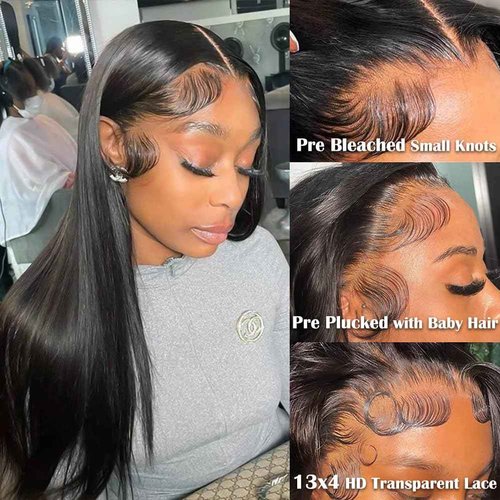 TONGMAY 250% Density Straight HD Lace Front Wigs Human Hair Pre Plucked Bleached Knots 13x4 Transparent Lace Frontal Wig with Baby Hair 100% Virgin Human Hair Wigs for Women (Natural Color,18 inch)