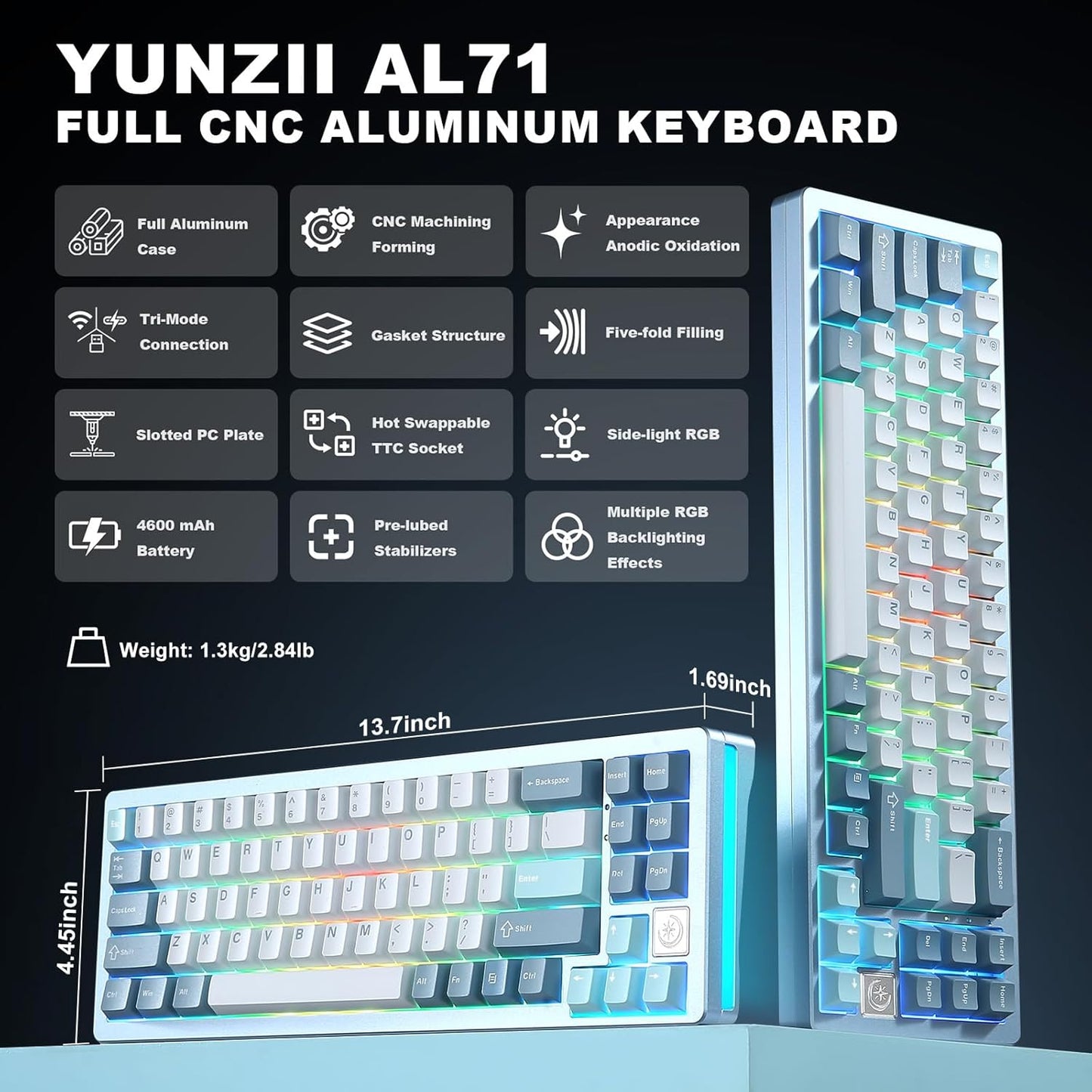 YUNZII AL71 75% Mechanical Keyboard,Full Aluminum CNC,Hot Swappable Gasket,2.4GHz Wireless BT5.0/USB-C Wired,NKRO Programmable RGB Backlight Creamy Typing for Win/Mac(Black,Crystal White Switch)