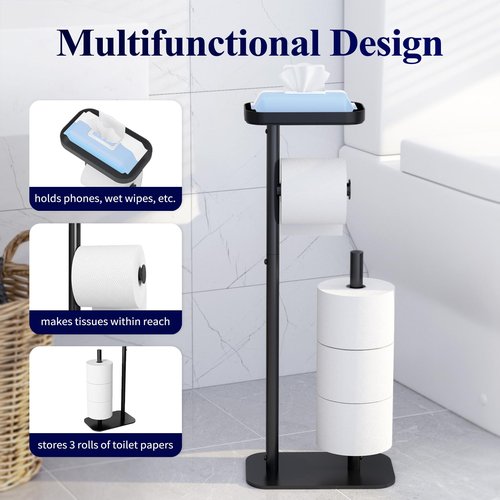 Kitsure Toilet Paper Holder Free Standing – Rustproof Metal Toilet Paper Stand for 4 Rolls with Anti-Slip Base and Shelf for Phone & Small Items, Bathroom Organizers and Storage, Medium, Black