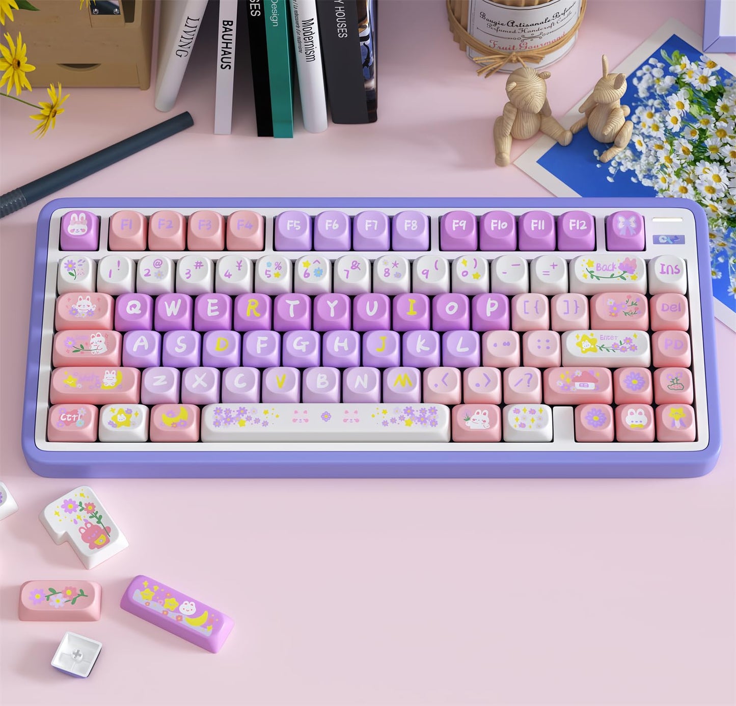 ZMX Cute PBT Keycaps,Kawaii Dye-Sub Custom Keycaps SOA Profile 136 Keys Full Size Keycap Set for 60% 65% TKL Cherry MX Switch ANSI Layout Mechanical Gaming Keyboard Creamy Keycaps (04)