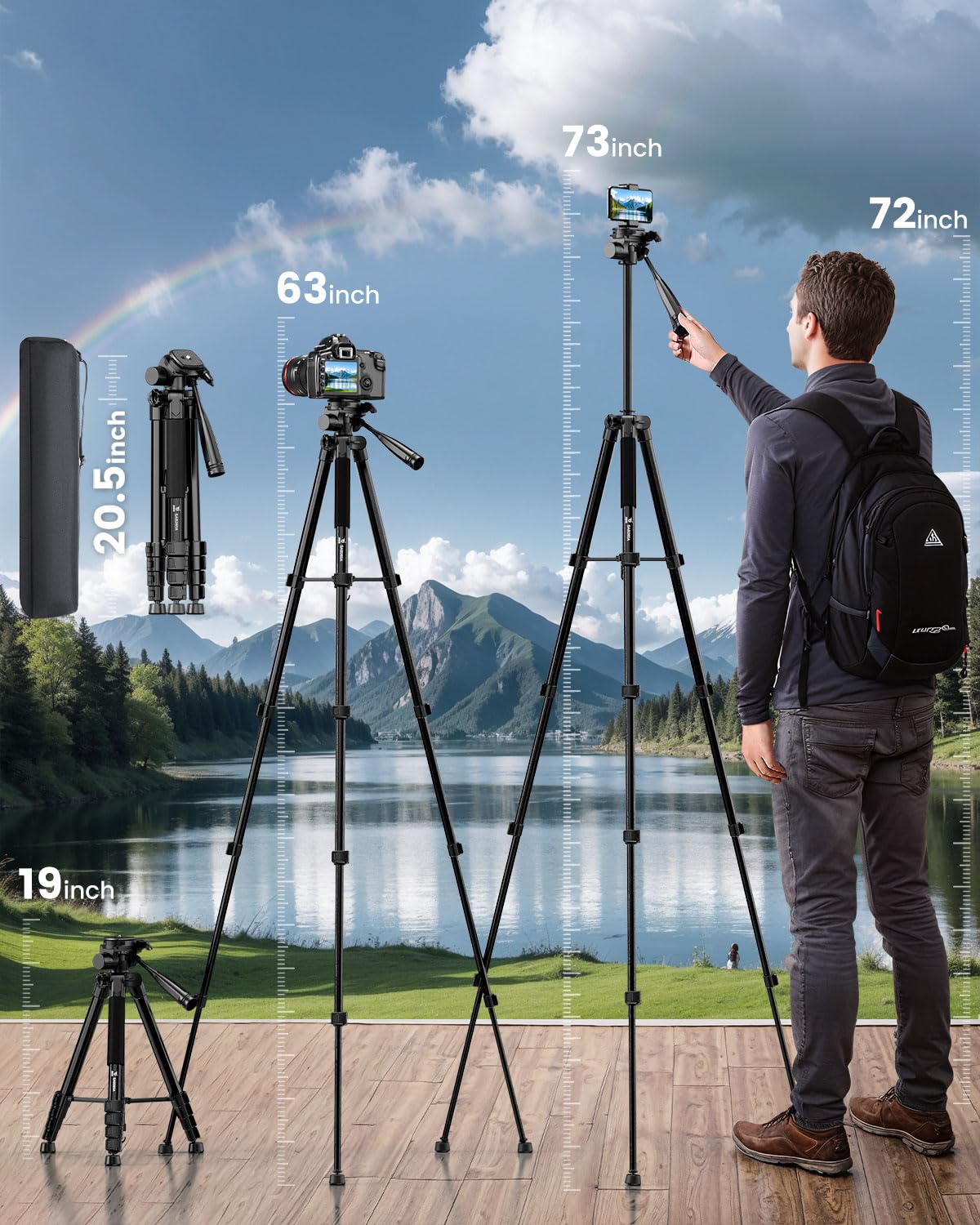 73" Camera Tripod Stand, Aluminum Tripod with Phone Holder, Travel Bag, Compatible with GoPro/DSLR/Cell Phone/Camcorder, Max Load 8.8LB (Black)