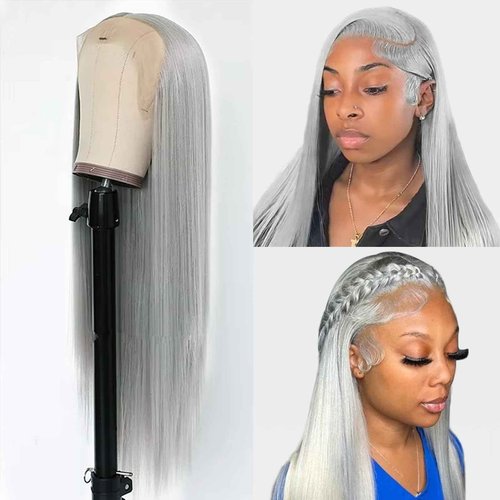 Grey Straight Wigs Human Hair 13x6 Human Hair Lace Front Wig HD Lace Front 180% Density Silver Gray Wigs for Women