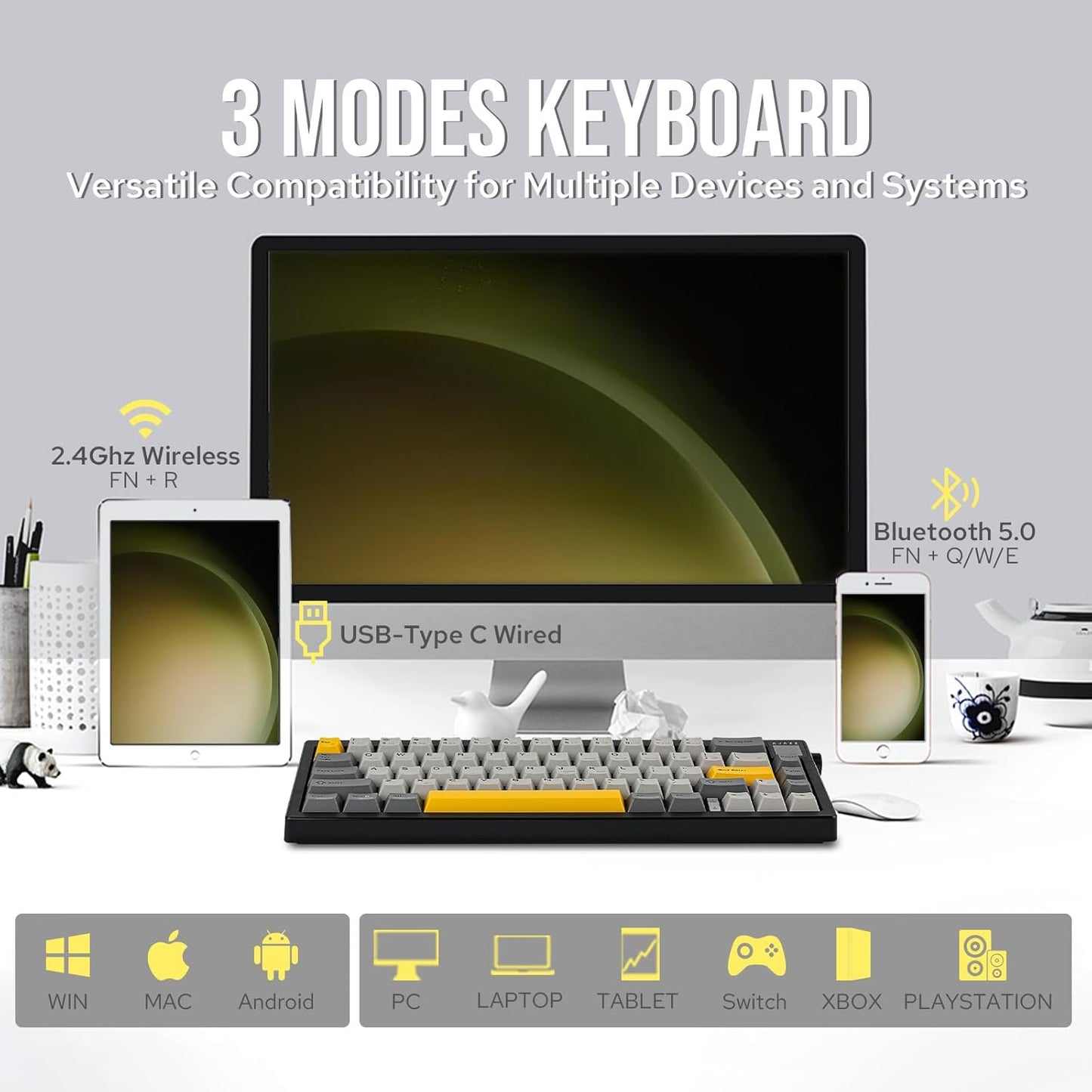 AJAZZ AK650 65% Gasket Mechanical Keyboard, 3 Modes Wireless Gaming Keyboard with 0.85'' TFT Screen & Knob, Hot Swappable, 5000 mAh Battery, Flex-Cut Plate & PCB, RGB (White Purple)