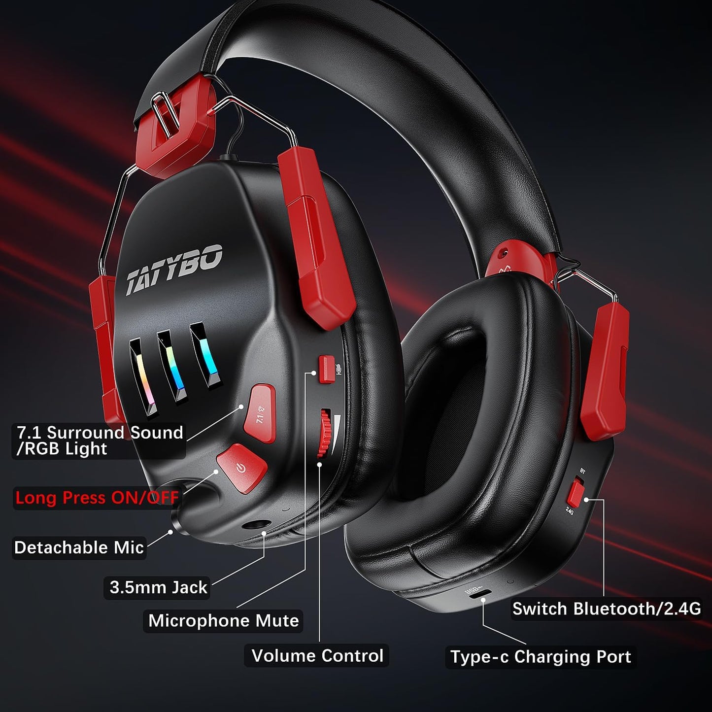 2.4GHz Wireless Gaming Headset for PC, PS4, PS5, Switch,7.1 Stereo Sound Bluetooth 5.3 Gaming Headset with Detachable Noise Cancelling Microphone for Laptop, Mobile